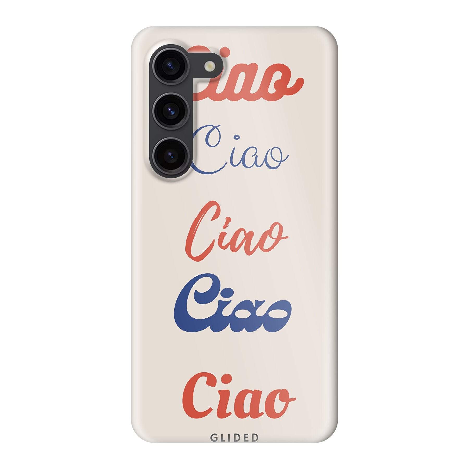 Ciao Handyhülle für Samsung Galaxy S23 mit buntem Design und dem Schriftzug 'Ciao' in verschiedenen Schriftarten.